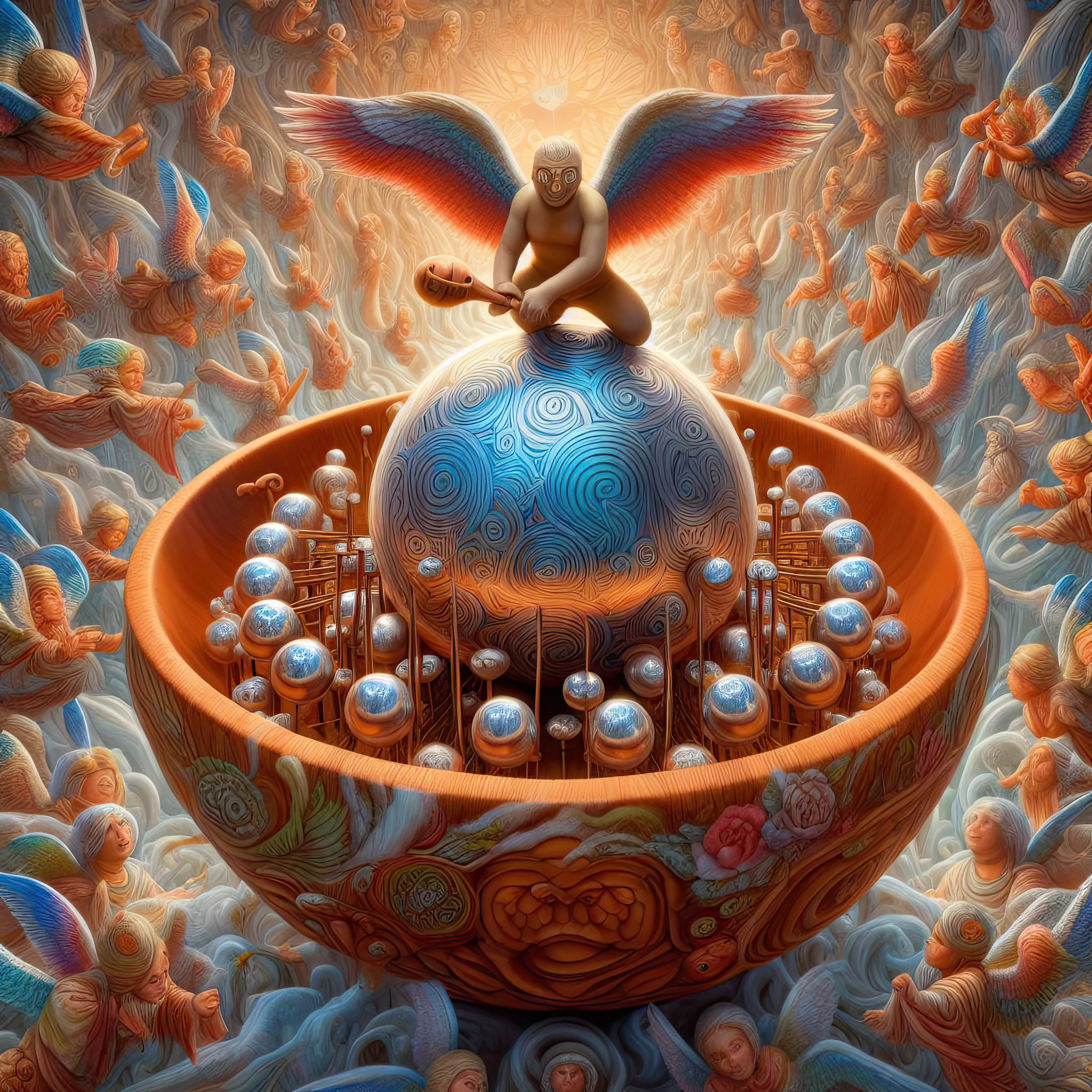 A Chiming Boading Ball in a Nearly Hemispherical Wooden Salad Bowl with Psychedelic Angels All Over the Place