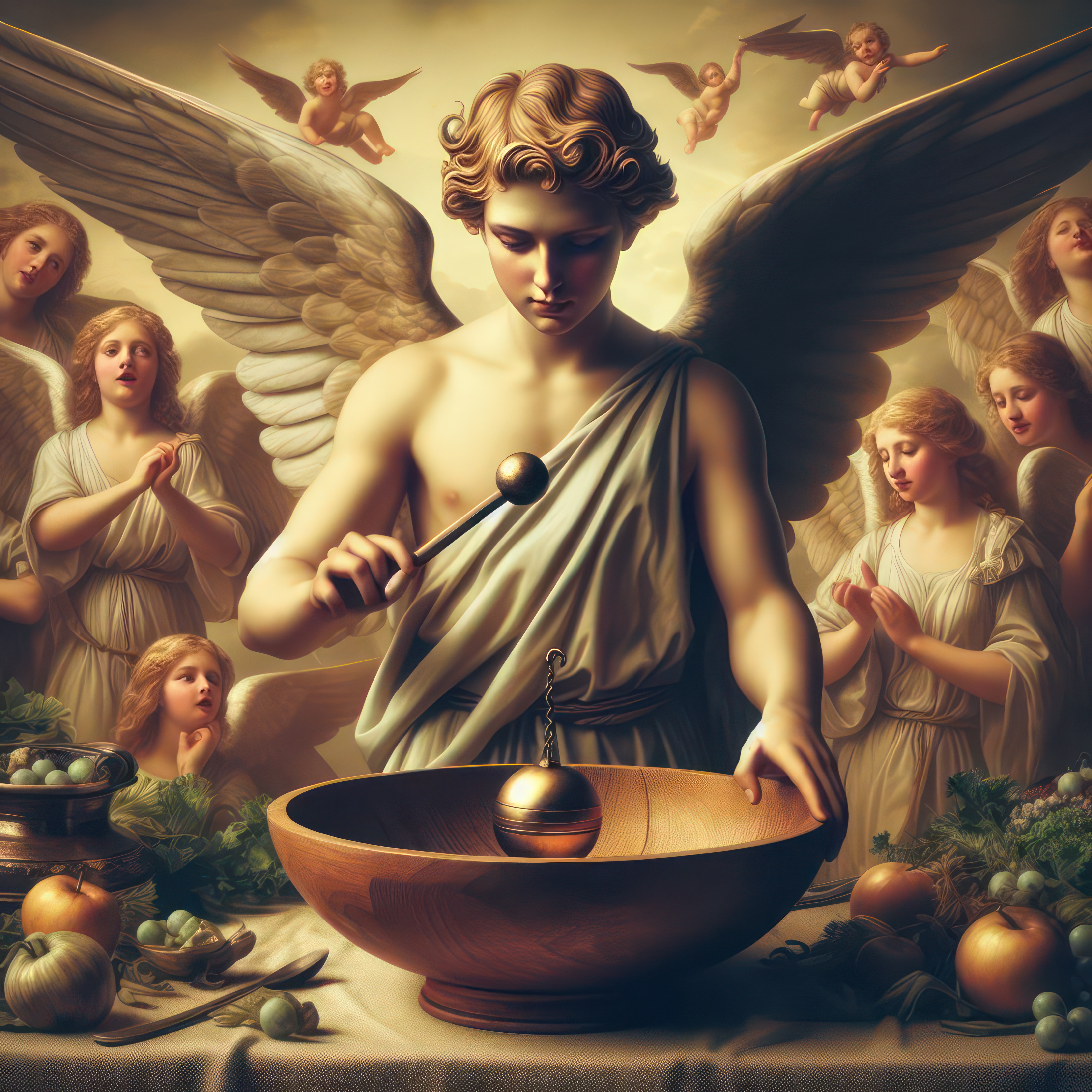 An Angel Ringing A Chiming Boading Ball In A Wooden Salad Bowl With Angels Looking On From All Around In The Style Of A Photograph